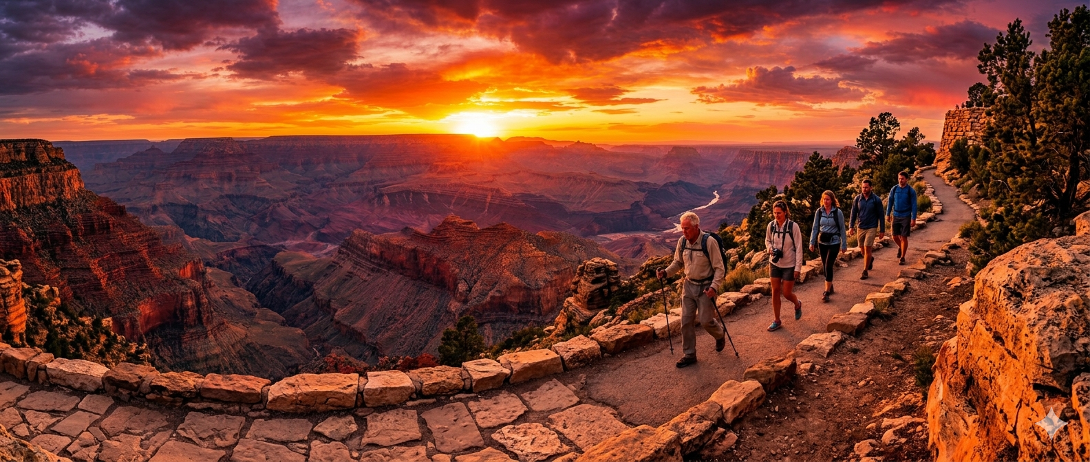 Hikers on a canyon rim trail at golden hour